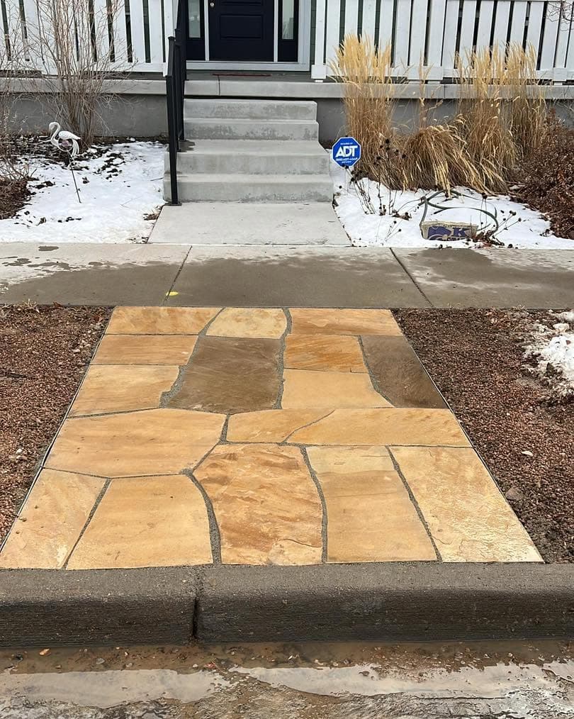 Concrete pavers in geometric stone pattern with ornamental grass